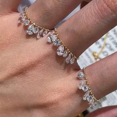 1pc Titanium Steel Colorfast Luxury Adjustable Size Water Diamond Pull Ring For Women Index Finger Ring Fashion Jewelry