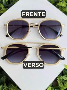 1 Piece Unisex Sunglasses, Double Bridge Rectangular Hexagonal Style, Plastic, Stylish, Beach Accessory, Women's Beach Accessory, Sunglasses, Fashion Basics, Women's Autumn And Winter Outfits, Clothing, Casual, Business, Gifts - 黑色與金色 - 查看 2