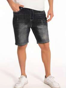 男士休闲牛仔短裤，带口袋，弹力面料 - 黑色 - 查看 2