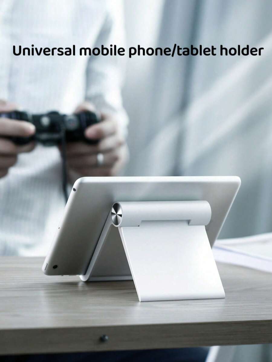 Foldable Mobile Desk Stand, Portable & Adjustable Tablet & Phone Holder With Stable Base, Black/White, Minimalist Design, Durable Tablet Stand