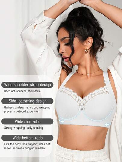 Women's Padded Bra - Wide Strap, Lace Trim, Side Support, Bust Enhancing, Sexy & Comfortable