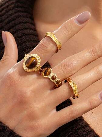 4pcs Niche Design Tiger Eye Stone Ring Set, Unique Design Women's Ring Set, Suitable For Party, Vacation, Photo Shoot, Gift, And Daily Wear
