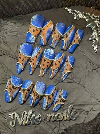 10pcs Handmade Fully Covered Stiletto&Almond&Long Coffin Nails,3 Types Of Nail Types To Choose From,Blue Nail Art,Brown Tie Dye Art,3D Stereo Chain Beads Nail Decoration Covering The Nails,Hand-Painted Spotted Pattern Design,Suitable For Women And Girls To Attend Theme Parties&Ceremonies And Everyday Wearing(Includes:A Piece Of Jelly Glue And A Friction Strip) Nail Supplies