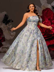 VIPGIRL 印花单肩加大码雪纺晚礼服，优雅高开衩A字裙，女士粉彩舞会礼服，梦幻夏季婚礼宾客长裙，花园派对装扮，夏季正式礼服，伴娘替代款，派对礼服 - 彩色 - 查看 6