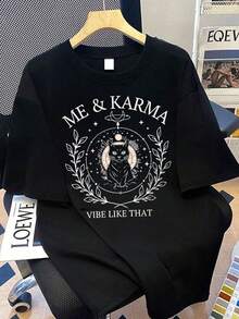 Plus Size Women's Round Neck Cat Letter Print Casual Versatile Commuting Short Sleeve T-Shirt - Black - View 1