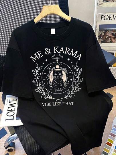 大码女式圆领猫咪字母印花休闲百搭通勤短袖T恤