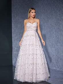 Chân váy dài xếp ly không đều, thêu ba chiều MGIACY với dây buộc cổ. - Hồng - Xem 6