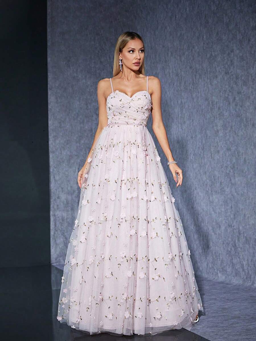 MGIACY Oregelbunden Plisserad Tredimensionell Broderad Lång Kjol Med Grimma - Rosa - Visa 1