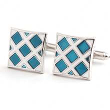 Mancuernillas o gemelos para hombre con diseño de cuadrado con rombos azules - 1 - Ver 1