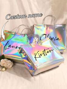 Personalized Holographic Gift Bag, Customizable Name Text, Multi-Color Glitter, Personalized Valentine's Day Gift Packaging Bag, Available In Pink, Purple, Blue, Green, Teal, Suitable For Weddings, Birthdays, Parties, Durable Plastic Tote Bag With Name Tag - Multicolor - View 5