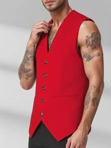 Men's Solid Color Classic Vest, Suitable For All Seasons, Business Casual Or Formal Wear, Red - Red - View 6