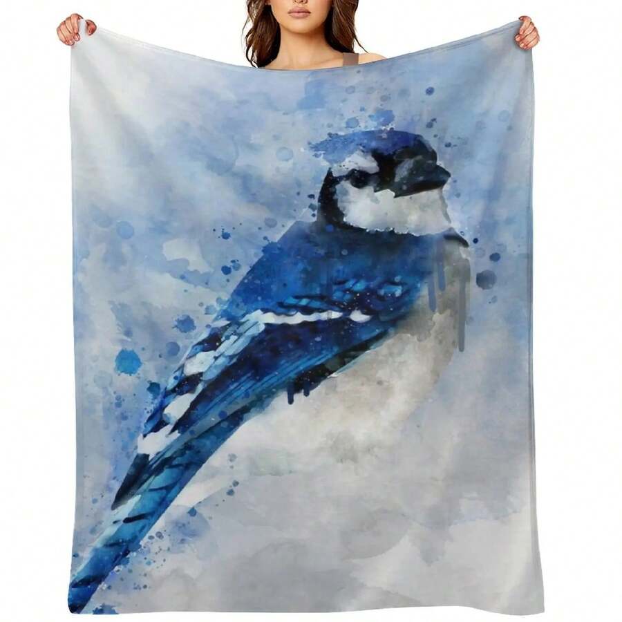 Dramabite Watercolour Blue Jay Bird Artistic Artsy Animal Painting Throw Blanket Tourist Hairy Picnic Blankets - 黑色 - 查看 1