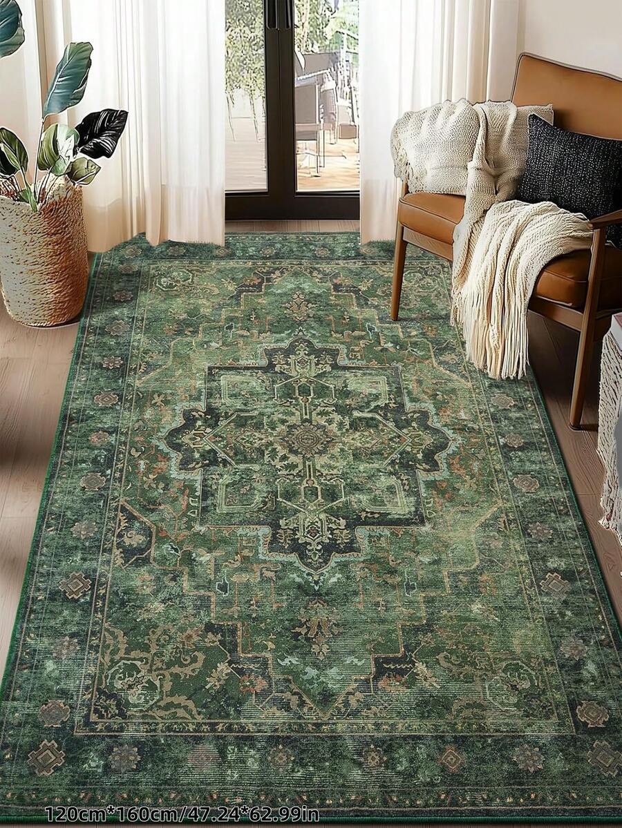 1pc Bohemian Modern Paris Floral Carpet, Suitable For Living Room, Anti-Slip Rust Red Printed Vintage Farmhouse Rug For Bedroom, Dining Room, Dorm, Office, Home Decor - 綠色 - 查看 1