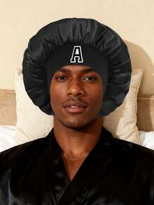 1pc Unisex Satin Sleep Cap, Customizable A-Z Letter, Soft & Comfortable, Elastic Wide Brim, Hair Protection, Suitable For Daily Makeup, Face Washing, And Bathing - Black - View 3