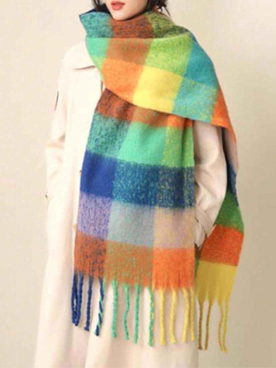 1pc Women's Autumn/Winter New Plush Tassel Scarf, Warm And Comfortable Large Shawl, Windproof And Warm For Outdoor, Simple And Versatile For Daily Wear Women Winter Scarves - 綠色 - 查看 1