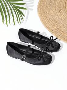 2025 New Autumn Satin Mary Jane Flat Shoes For Women With Bow Tie, Black - Black - View 3