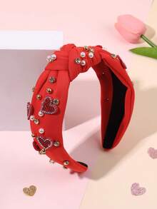 1 pieza Diadema roja para el Día de la Madre, estilo niña, diadema de tela con corazón de diamante de imitación rojo, accesorio de moda para el cabello, regalo para el Día de la Madre - Rojo - Ver 9