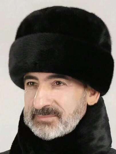 1pc Men's Winter Faux Mink Fur Warm Windproof Hat, Solid Color Fluffy Retro Knit Cap, Suitable For Fathers Or Outdoor Daily Use