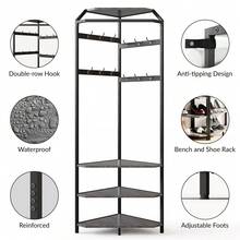 Corner Coat Rack, Corner Hall Tree With Shoe Bench Shelf & 6 Double Hooks For Entryway, Hallway, Bathroom, Closet - 白色 - 查看 5