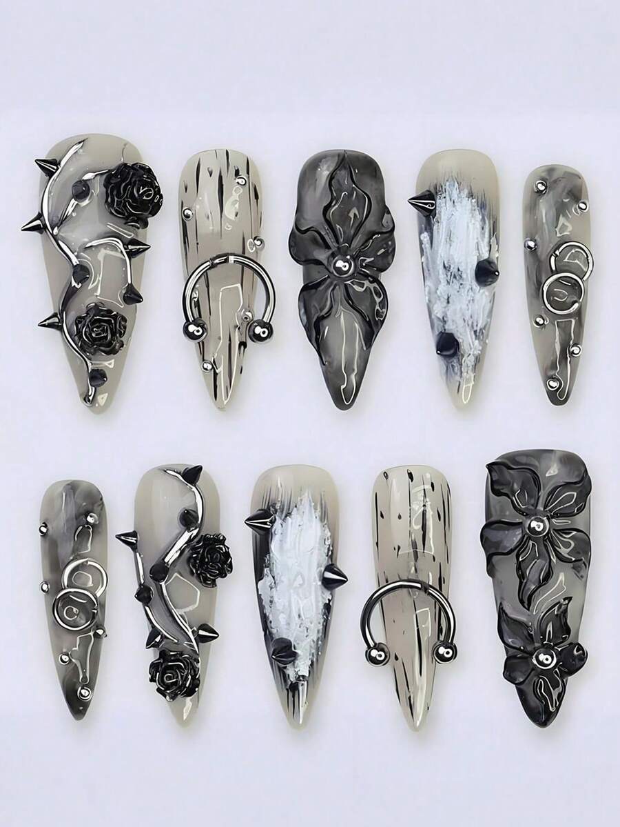 24 móng giả dài nhọn, kiểu móng tay Pháp Gothic màu đen, thiết kế hoa hồng đen 3D, phong cách Punk, bóng mượt, phủ kín toàn bộ móng, phù hợp cho phụ nữ và bé gái sử dụng hàng ngày. - Nhiều màu - Xem 1