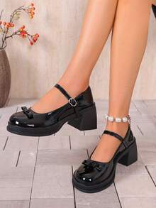 1 Pair Black Bow Mary Jane Shoes For Teenagers, Patent Leather, Thick Heels, Height Increasing Retro, Low Vamp, Strap College Style Small Leather Shoes - Black - View 2