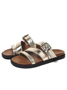 Adjustable Striped Buckle Double-Sole Birkenstocks Style Casual Beach Holiday Summer Fashion Sandals For Women - Gold - View 4
