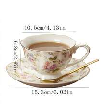 Gold Trimmed Bone China Coffee Cup & Saucer Set, Spring Floral Pattern, Premium Afternoon Tea Cup & Saucer