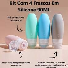 Kit 4 Frascos Viagem 90ml Silicone Azul Cinza Preto Creme Shampoo Pronta Entrega