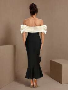 Contrast Color Twist Off-Shoulder Long Bodycon Dress - Black and White - View 2