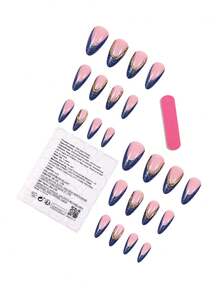 24 buc unghii French Tips cu sclipici roz și albastru, migdale, aplicate cu linie aurie - Albastru regal - Vizualizare 5