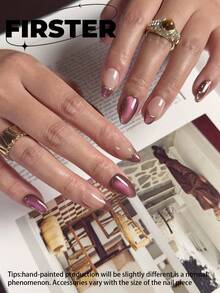 10片杏仁形手工美甲贴片，短款美甲贴片，美甲艺术，紫色美甲，简约日常美甲，冬季美甲贴片，猫眼美甲，法式美甲，金属美甲，亚克力美甲贴片，适合上班族、日常约会、下午茶和户外活动等场合。 - 彩色 - 查看 3