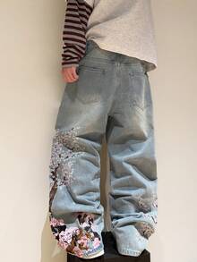 1 buc. Justice Brother, stil coreean de stradă, design brodat, spălat, albastru deschis, croială lejeră, blugi largi, pantaloni casual (curea și accesoriile nu sunt incluse)