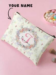 1pc Customizable Name/Text, Cartoon Floral & Animal Pattern Double-Sided Print Travel Portable Cosmetic Storage Bag, Multi-Function Zipper Makeup Bag Wallet, Perfect For Children's Skincare Storage, Can Be Customized According To Your Name - Multicolor - View 2