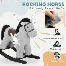 AIYAPLAY Baby Rocking Horse, Plush Ride On Toy With Handle Grip, Sound And Toy, Toddler Animal Rocker For Kids Aged 2-5, Grey - Grey - View 3