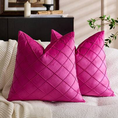 1入組天鵝絨裝飾褶皺枕套,軟質方形靠墊套適用於沙發或咖啡店,同時適用於戶外庭園,尺碼為18 X 18英寸、45 X 45厘米,粉色