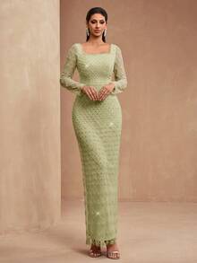 New Luxury Elegant Women's Formal Gown With Sequins, Lace Patchwork, Adjustable Back Tie, Front Slit, Suitable For Formal Events, Parties, Weddings, Red Carpet, Valentine's Day - 淡黃色 - 查看 5