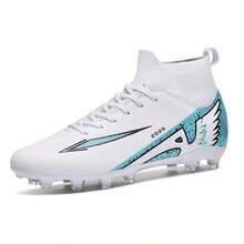 1 Pair Unisex High-Top Football/Soccer Shoes, Anti-Slip & Durable, AG Studs Design, PU Leather Upper, Colorful, Rubber Outsole, Professional Match Shoes Suitable For Muddy, Short Grass Fields - White - View 3