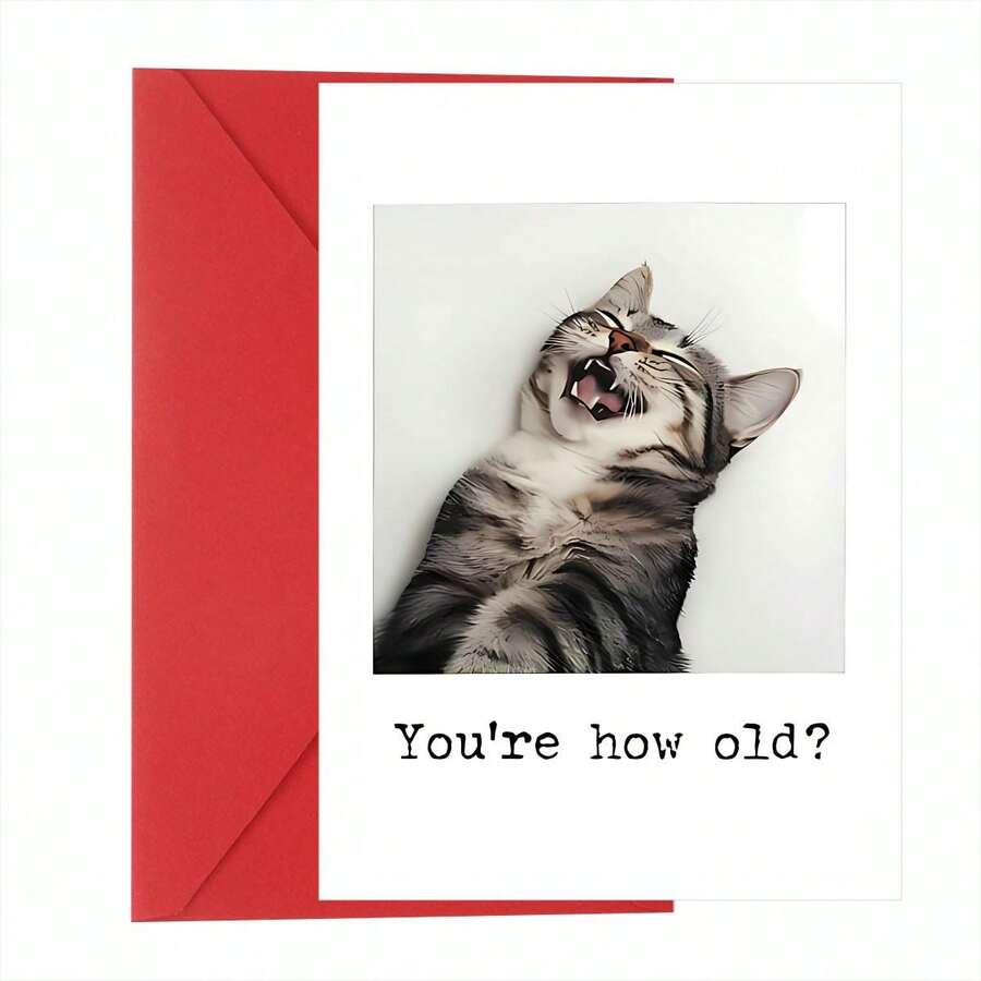 Cartão de aniversário com um gatinho fofo e envelope (1 unidade). Ideal para presentear familiares, amigos, vizinhos, amantes de gatos, festas de aniversário, comemorações, aniversários de 18 anos e para perguntar "Quantos anos você tem?". - Multicolorido - Ver 1