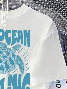 Tween Girls' Letter & Sea Turtle Graphic Round Neck Casual Short Sleeve T-Shirt - White - View 6