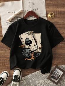 1pc Boys' Casual Poker & Dice English Letter Print Round Neck Short Sleeve T-Shirt, Summer Student Youth Clothing