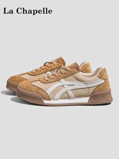 1 Pair La Chapelle Women's Thick Sole Lace-Up Soft Bottom Casual Shoes, Low-Top Outdoor Flat Shoes, Round Toe Low Heel Solid Color Elegant Soft Bottom Hiking Shoes Suitable For Students Taking Graduation Photos, Women Low-Top Leather Sneakers