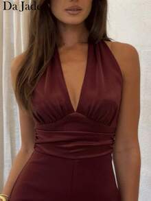 Women's V-Neck Sexy Halter Bodysuit - Burgundy - View 5