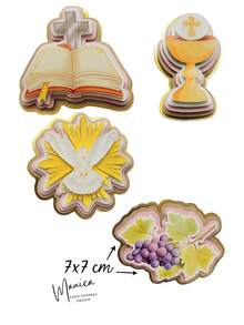 SET DE DECORACIONES TIPO CAKE TOPPER PARA PASTEL Y TARTAS - MULTICOLOR 4 PIEZAS EN CARTULINA Y PAPEL - CAKE TOPPERS PARA PASTEL, TARTAS, REPOSTERIA, REGALOS, CENTROS DE MESA Y FLORERIA CON DISEÑO DE FIGURAS RELIGIOSAS - CON DISEÑO DE CALIZ, BIBLIA CON CRUZ, UVAS Y PALOMA DEL ESPIRITU SANTO - IDEALES PARA DECORAR PASTELES Y TARTAS EN CELEBRACIONES RELIGIOSAS, BAUTIZOS, COMUNIONES, CONFIRMACIONES Y ANIVERSARIOS, PARA NIÑOS Y NIÑAS - RESISTENTES, DURADEROS, MODERNOS Y CON TEMÁTICA RELIGIOSA - MEDIDAS APROX DE 7x7 CM - Multicolor - Ver 2