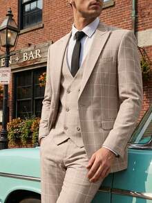 Mens 3 Pieces Suit Set Plaid Slim Fit  Checked Casual Tuxedo Formal Suits For Men Wedding Business Party Blazer Vest Pant - Beige - View 1