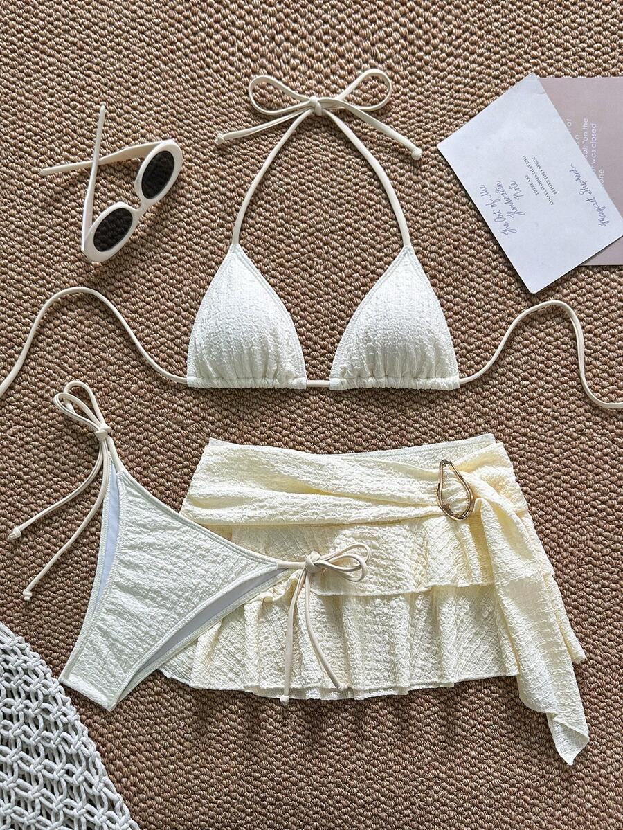 3pcs Apricot Bikini Set, Special Fabric, Casual Beach Party Swimwear - Apricot - View 1