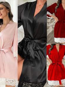 Satin Lace Trim Women's Robe, Bridal Robe Bridesmaid Gift, Lace Tie Waist Casual Robe, Summer Robe, Back To School Robe - Black - View 6