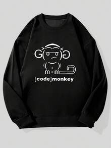 Men's Casual Crew Neck Sweatshirt With Monkey Pattern - 黑色 - 查看 1