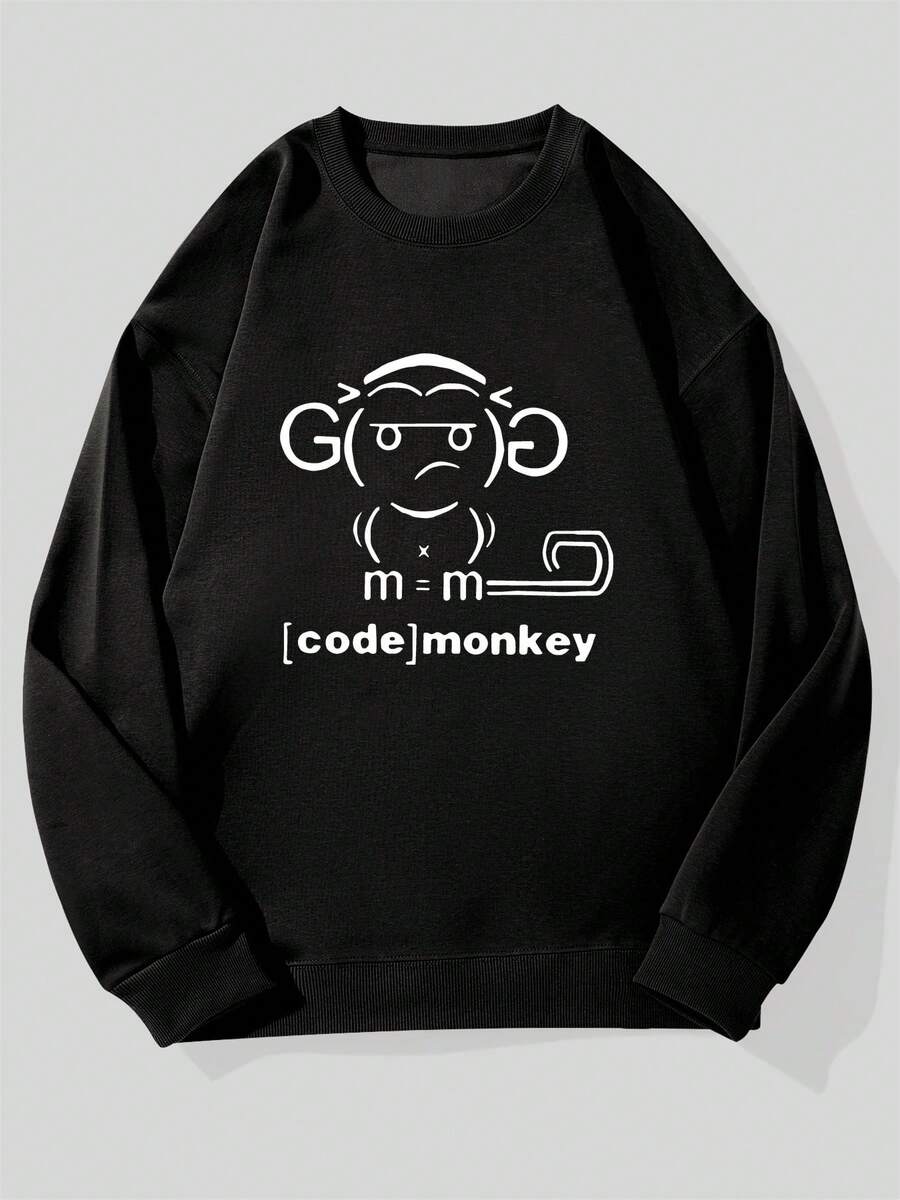 Men's Casual Crew Neck Sweatshirt With Monkey Pattern - 黑色 - 查看 1
