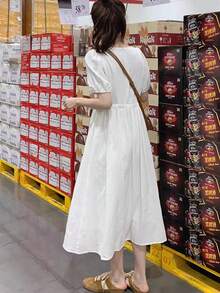 [Y6Y] 优雅白色A字中长连衣裙，方领短泡泡袖，提花织物，收腰设计，适合休闲或派对穿着 - 白色 - 查看 3