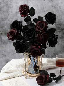 Rosa Artificial Preta e Vermelha - Flor de Seda Realista de Haste Longa, Adequada para Decoração Doméstica, Decoração de Casamento, Decoração de Festa, Presente do Dia dos Namorados, Decoração de Estilo Gótico Escuro, Adereços de Fotografia ao Ar Livre e Decoração de Buquê de Flores Artificiais de Tema Escuro. Presente para Mulheres, Casamento, Flor Artificial, Planta Artificial, Decoração de Sala de Estar, Presente de Aniversário, Decoração Doméstica, Decoração de Quarto. - Multicolorido - Visão 8